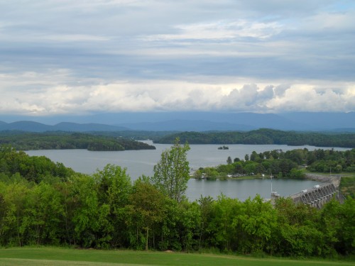 View of the dam, lake, and mountains from the overlook on the dam at Douglas Lake