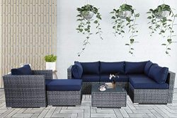 Patio Conversation Furniture Set 7-Piece Gray PE Wicker Navy Cushion Fashion Color Rattan Sofa O ...