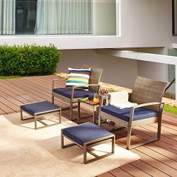 LOKATSE HOME 5-Piece Wicker Outdoor Conversation Set Patio Furniture PE Rattan All Weather Cushi ...