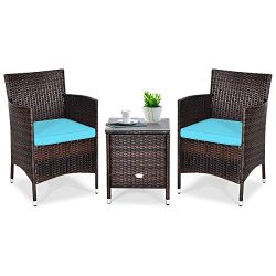 Tangkula Patio Furniture Set 3 Piece, Outdoor Wicker Rattan Conversation Set with Coffee Table,  ...