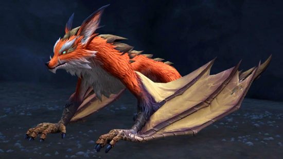 How to tame a Slyvern in WoW Dragonflight: A profile view of a Slyvern, a bat-winged creature with the head of a fox and dragon spines cascading along its back.