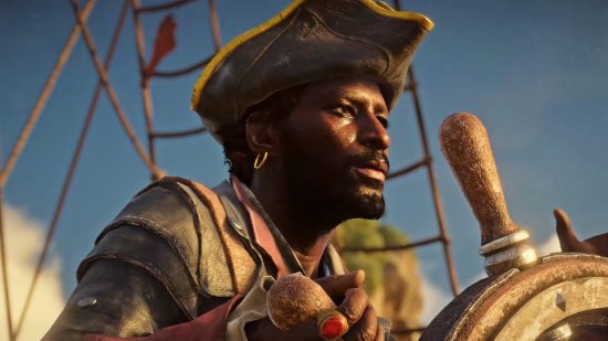 Skull and Bones release date: A pirate captain mans the helm of his ship in Ubisoft's nautical adventure.