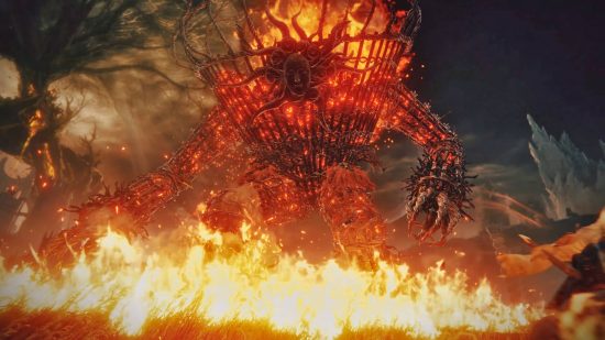 Elden Ring Shadow of the Erdtree DLC: a fire golem setting a field ablaze.