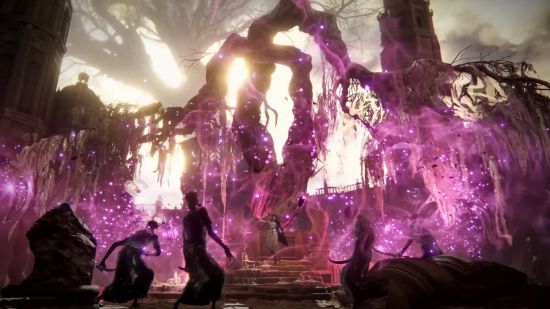 Elden Ring DLC release date: a player is using a spell that spreads purple wisps around an area, killing the zombies nearby.