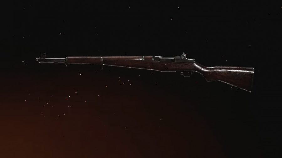 The M1 Garand in front of a dark orange background in Call of Duty Vanguard's preview menu