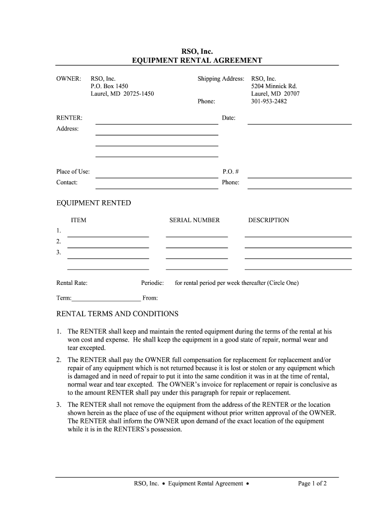 Equipment Rental Agreement Form Template