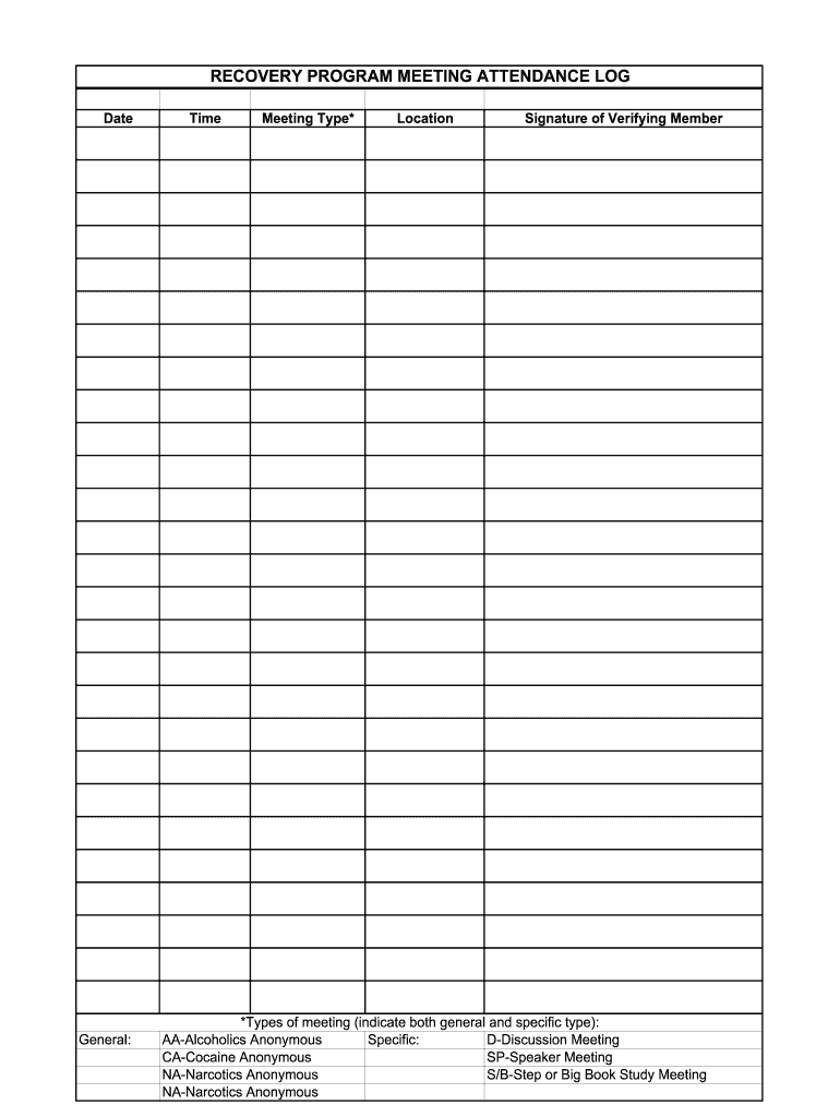 free printable aa attendance sheet Preview on Page 1