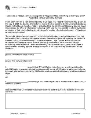 Email retention policy template - Certificate of Receipt and Acknowledgment of Responsibilities when ... - colorado