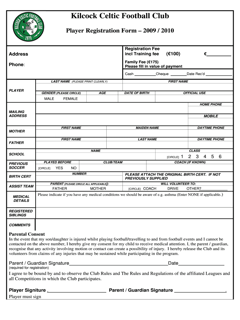 football registration form Preview on Page 1