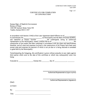 Construction Completion Form - Kansas Department of Health ... - kdheks