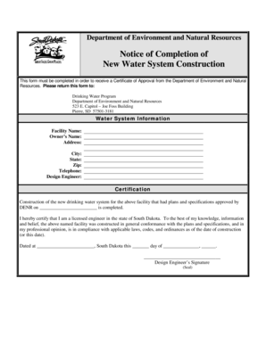 Notice of Completion of New Water System Construction - denr sd