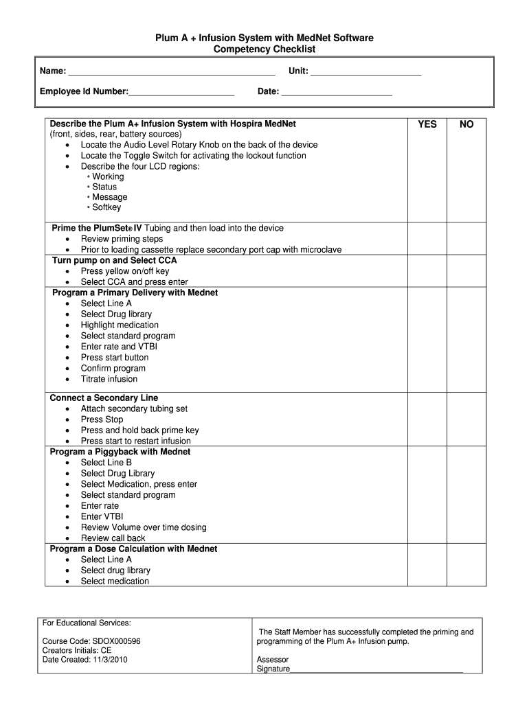 Fillable Online Plum A Infusion System with MedNet Software Competency ...
