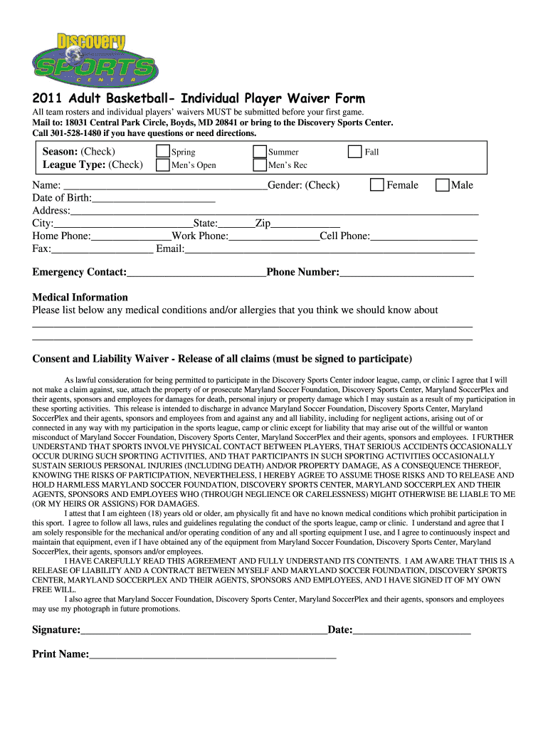 Fillable Online mdsoccerplex Adult Basketball Waiver Form - Maryland ...