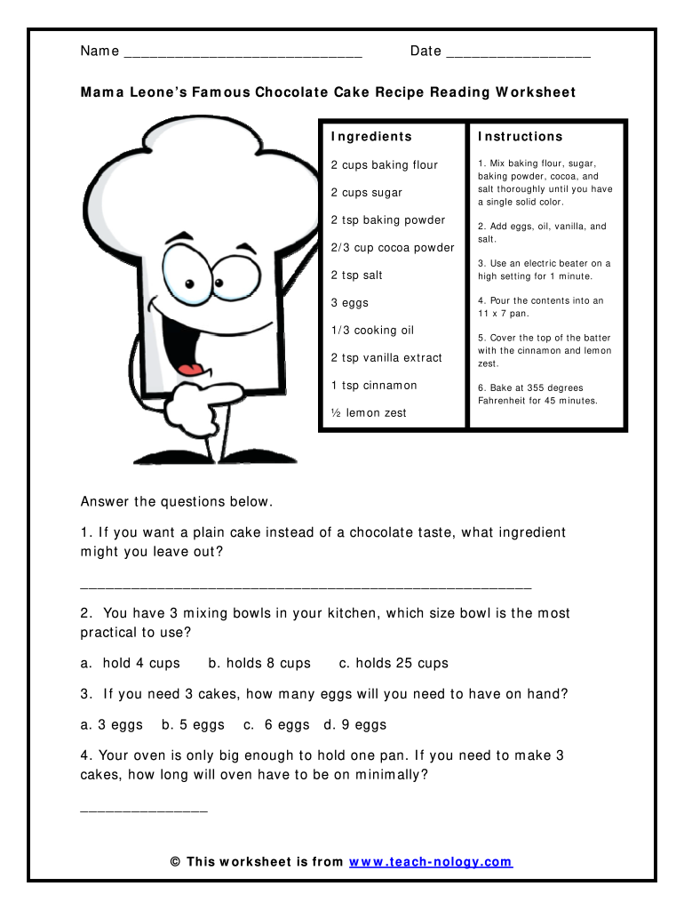 Recipe Worksheets With Questions Pdf