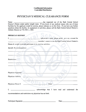 Fillable Online bathcsd PHYSICIANS MEDICAL CLEARANCE FORM Fax Email ...