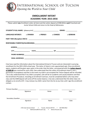 Sample letter of intent for school admission - ENROLLMENT INTENT - istucson