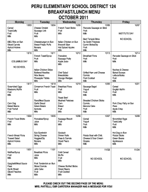 PERU DISTRICT BREAKFAST/LUNCH MENU