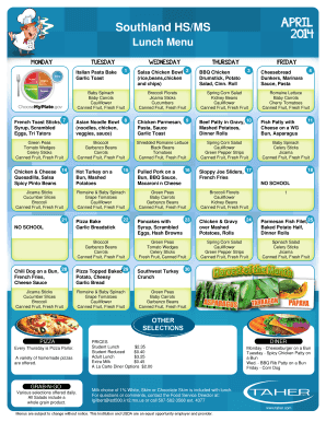 Menu Lunch Elementary - Southland School District - isd500 k12 mn