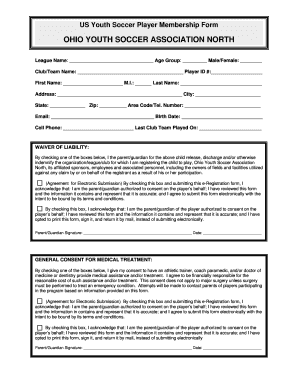 2006 OH Youth Soccer Association North Player Membership Form Fill ...