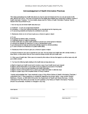 Fillable Online Acknowledgement of Health Information Practices Fax ...