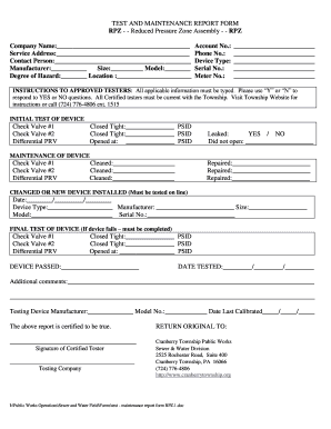 Fillable Online TEST AND MAINTENANCE REPORT FORM RPZ Reduced Pressure ...