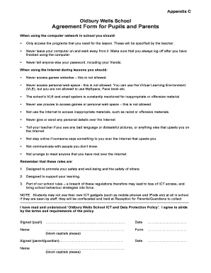 Fillable Online oldburywells co Oldbury Wells School Agreement Form for ...