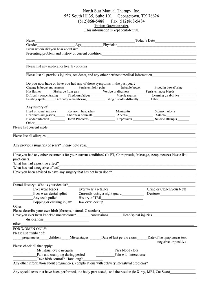 Fillable Online 6 Patient Questionaire - North Star Manual Therapy Fax ...