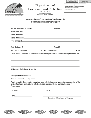 Certification of Construction Completion of a Solid Waste Management Facility - 62.701 - Forms - Waste Management - Florida DEP - 70123.pdf - dep state fl