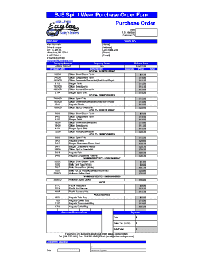 SJE Spirit Wear Purchase Order Form Purchase Order