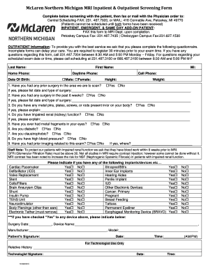 Fillable Online MRI Inpatient & Outpatient Screening Form Fax Email ...