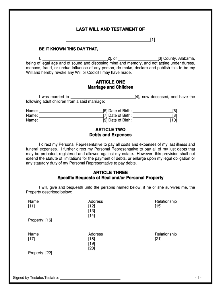 last will and testament template alabama Preview on Page 1