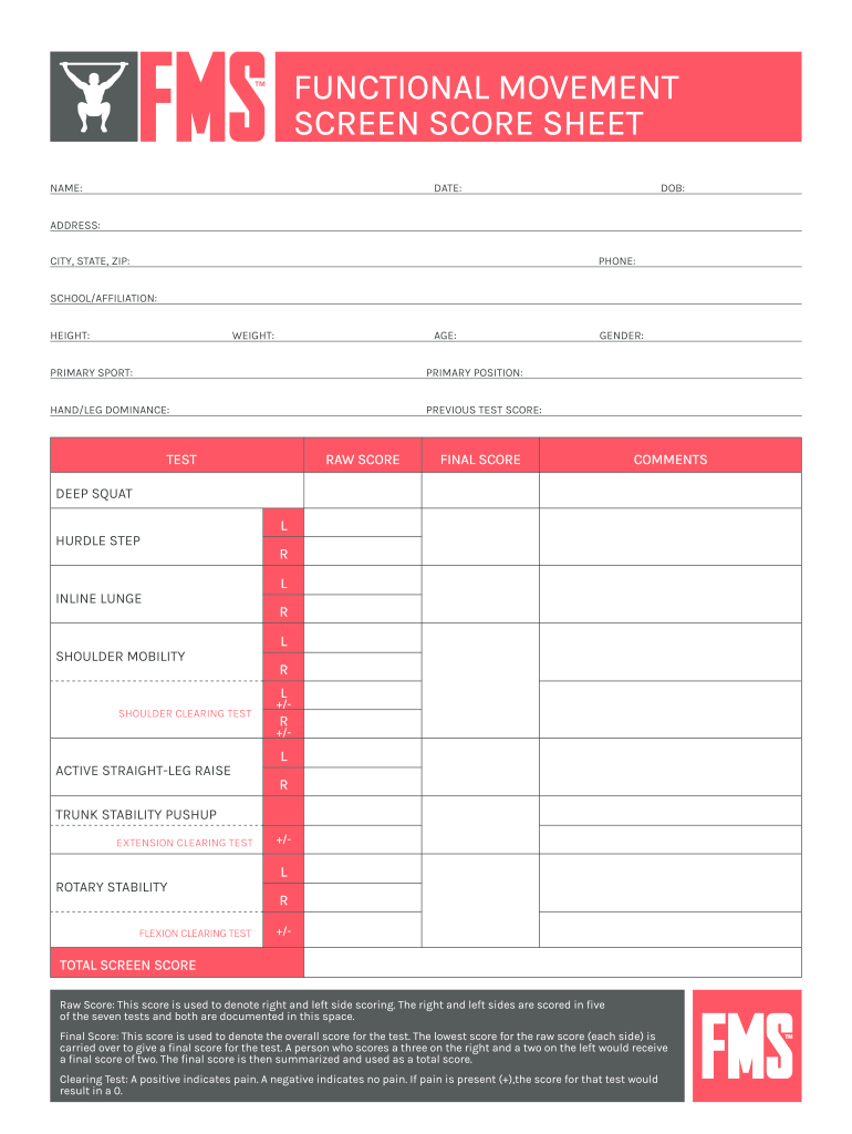 Fms Score Sheet Excel Fill Online Printable Fillable Blank Pdffiller ...