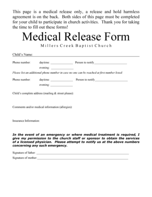 Fillable Online millerscreekbaptist Medical Release Form - Millers ...