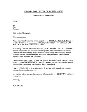 Fillable Online EXAMPLE OF LETTER OF RESIGNATION Fax Email Print ...