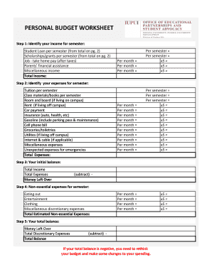 Spending plan worksheet - PERSONAL BUDGET WORKSHEET - Division of Student Affairs