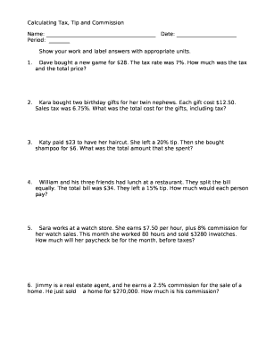 Calculating Tax, Tip and Commission template Doc Template | pdfFiller