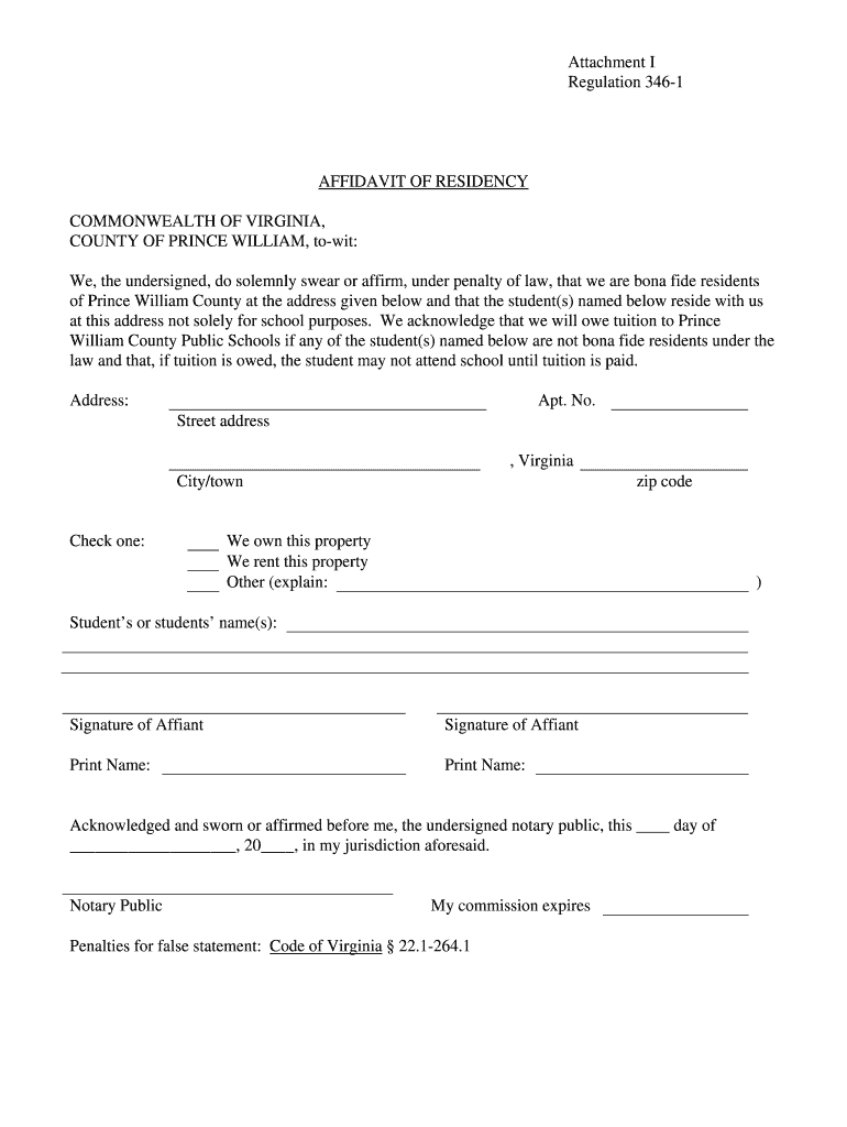 Affidavit Of Residency For Prince William School Fillable Form ...