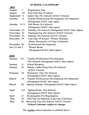 Fillable Online SCHOOL CALENDAR* Fax Email Print - pdfFiller