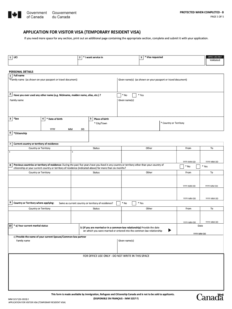 Application for visitor visa temporary resident visa made outside of canada imm5257