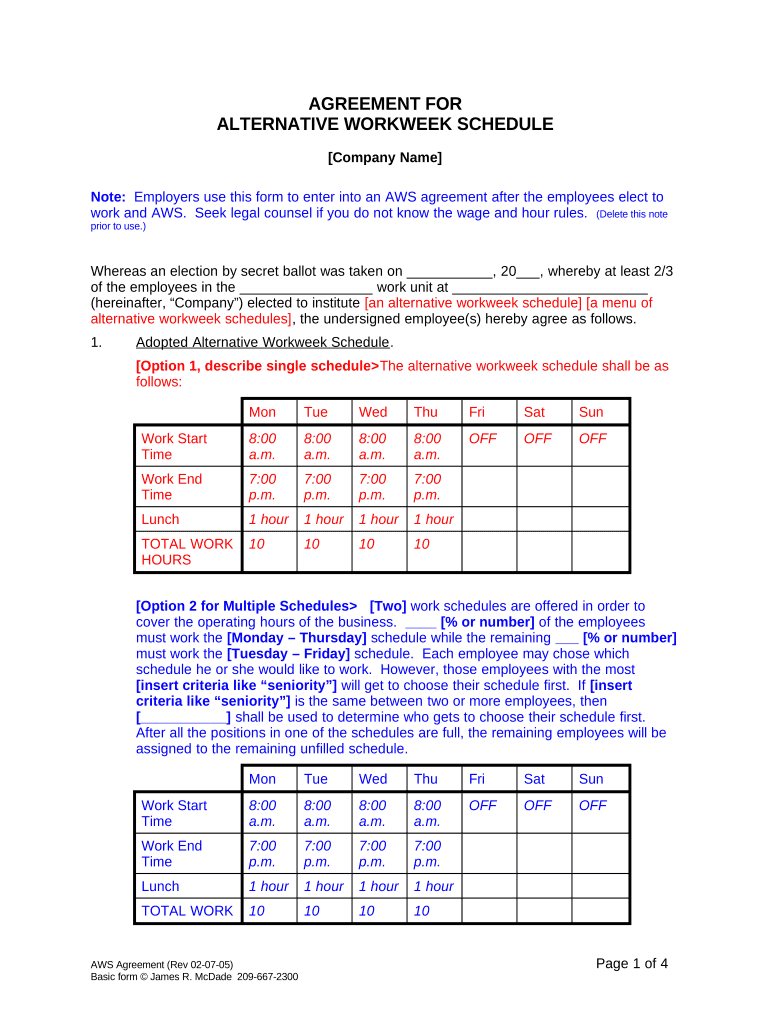 California Agreement for Alternative Workweek Schedule Preview on Page 1