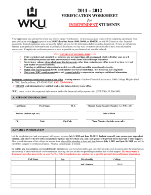 Fafsa form printable - fafsa independent verification worksheet wku form