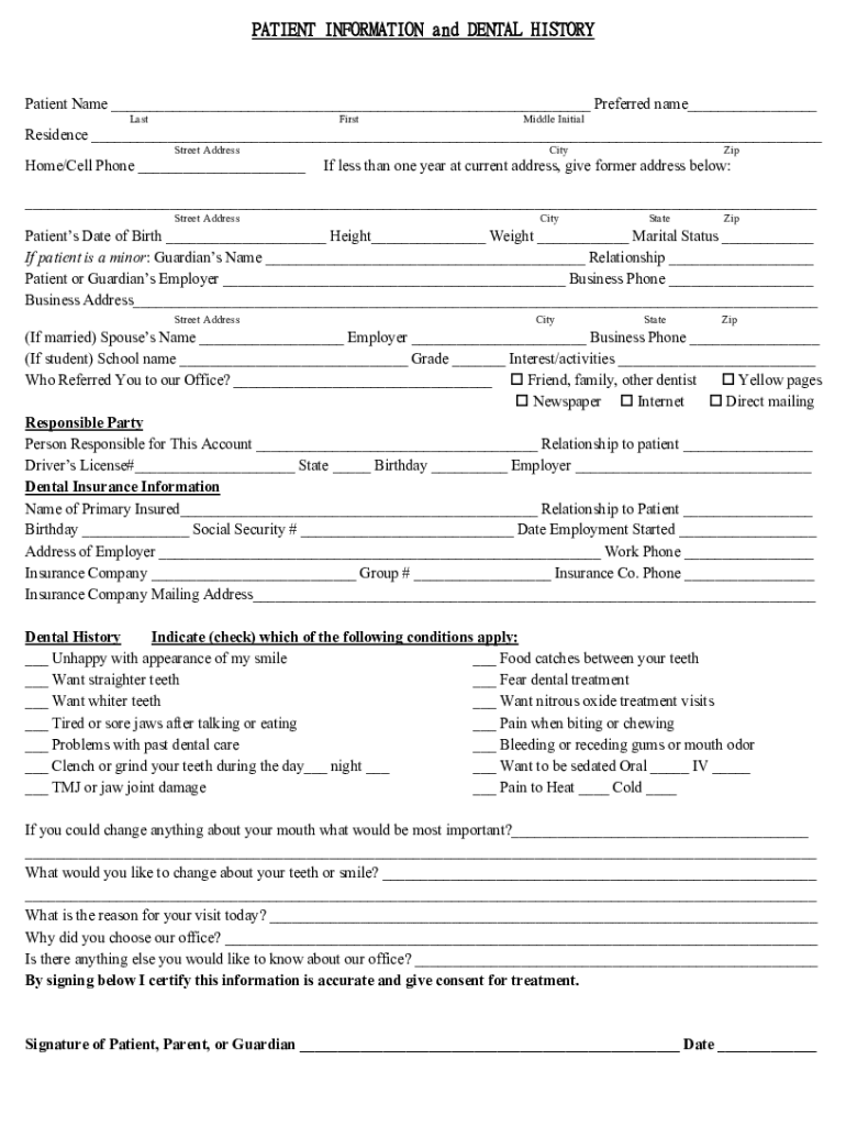 Fillable Online PATIENT INFORMATION and DENTAL HISTORY Fax Email Print ... image.