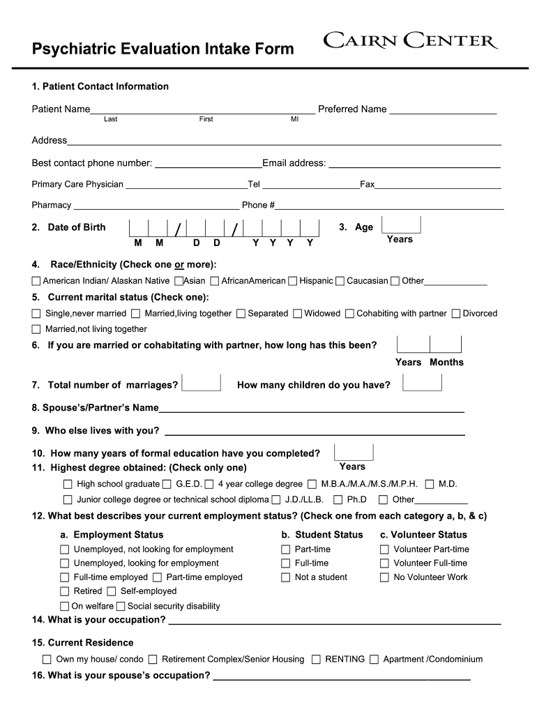 psychiatric intake form template Preview on Page 1