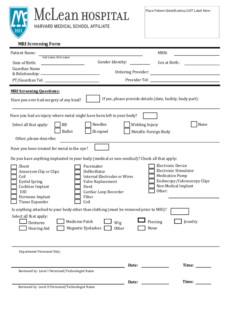 Fillable Online MRI Patient Screening Form - Part AOaks Radiology Fax ...