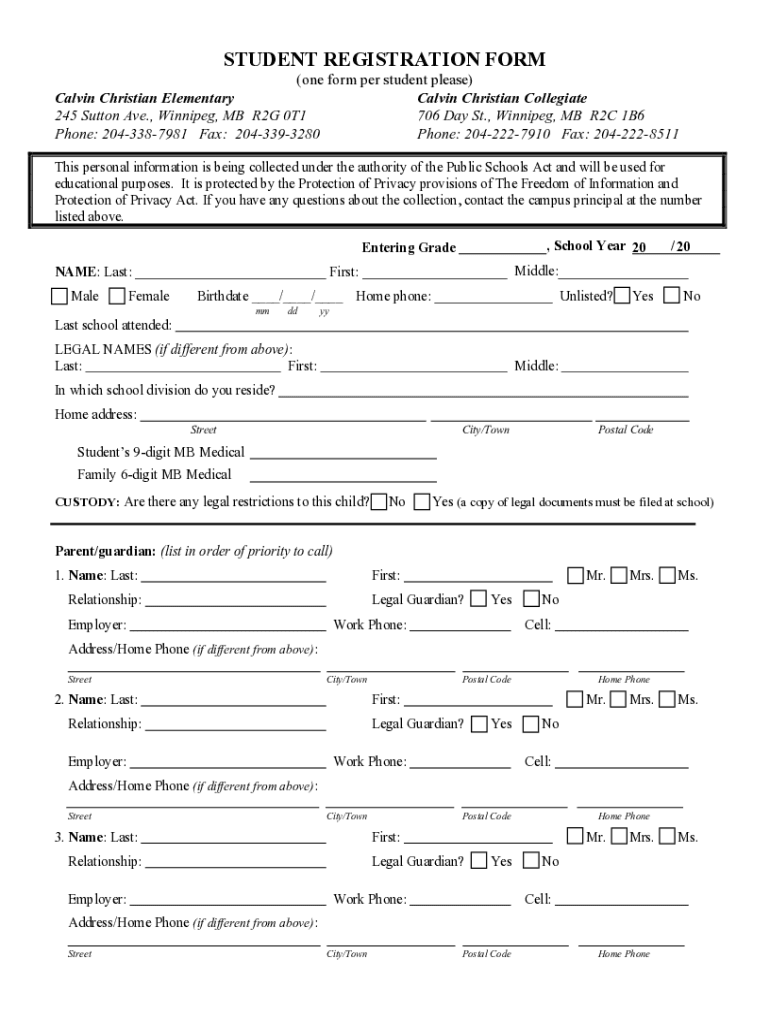 Fillable Online calvinchristian mb Student Registration Form - fillable ...