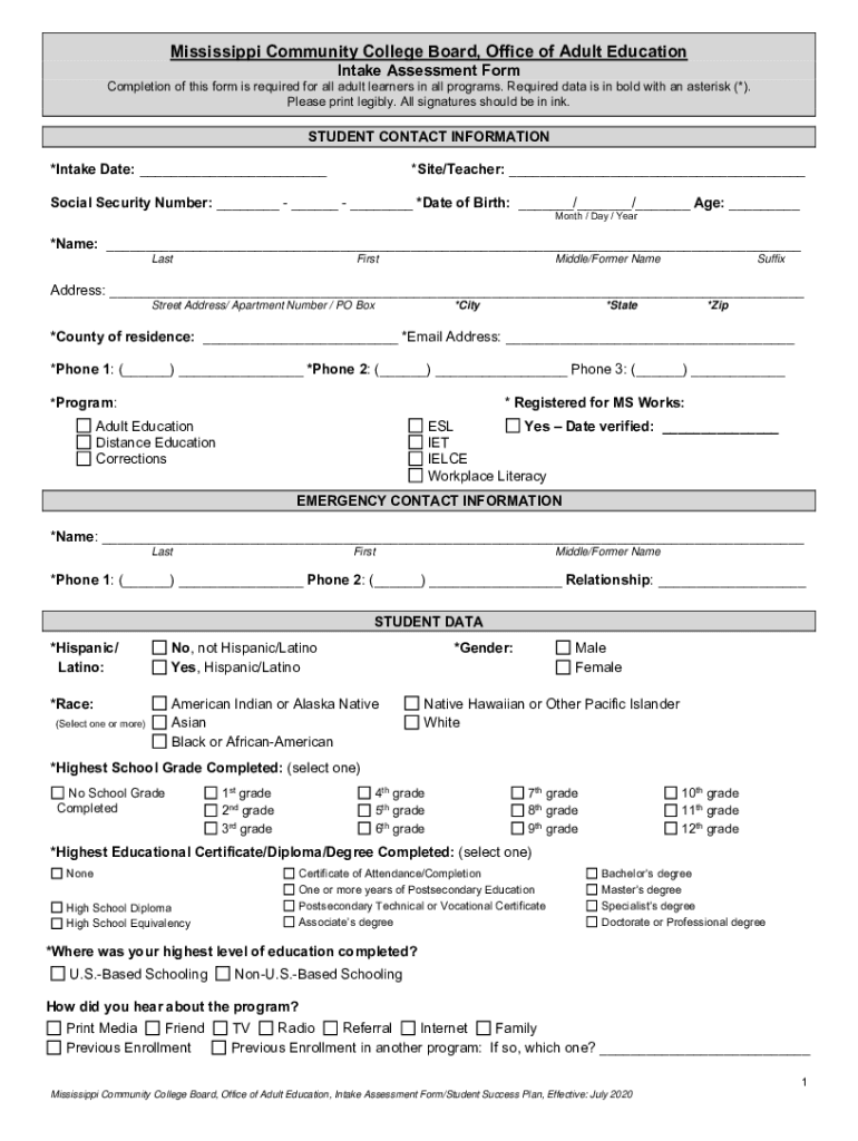 Fillable Online Adult Education Intake Assessment Form Fax Email Print ...