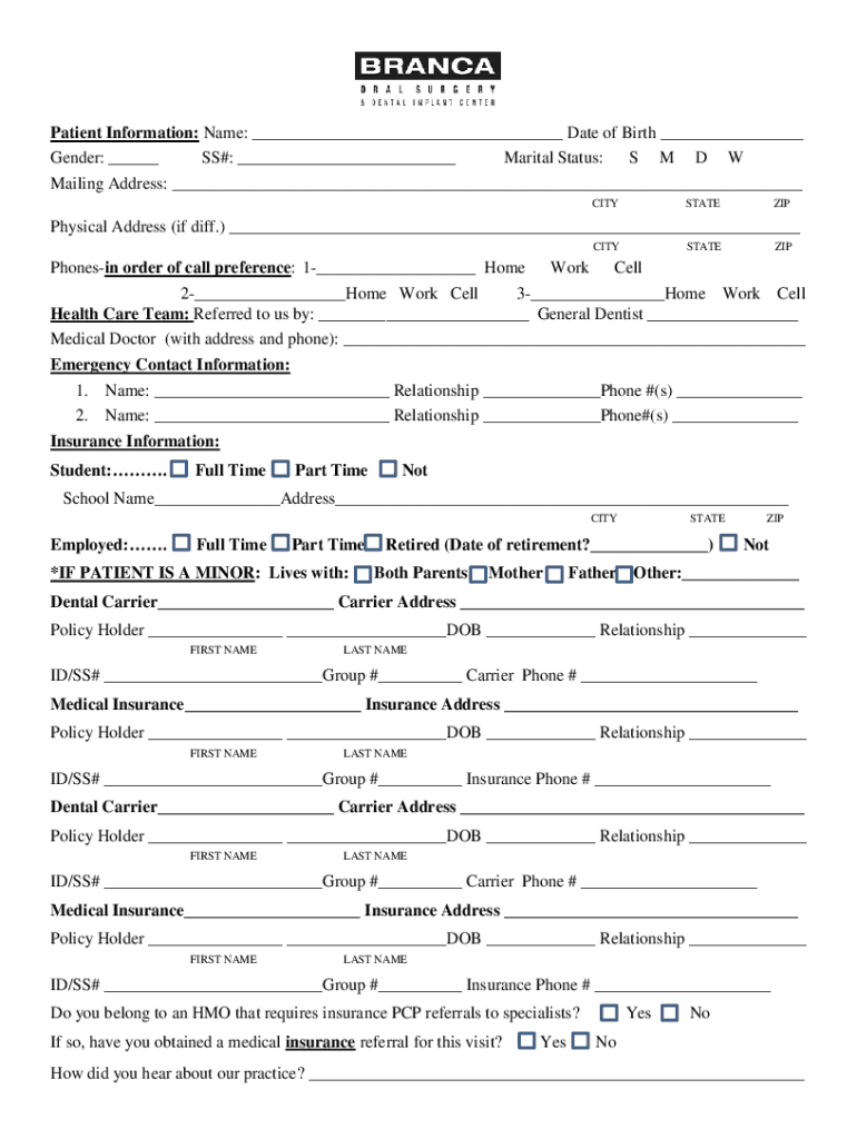 Fillable Online Patient Information: Name: Date of Birth Fax Email ...