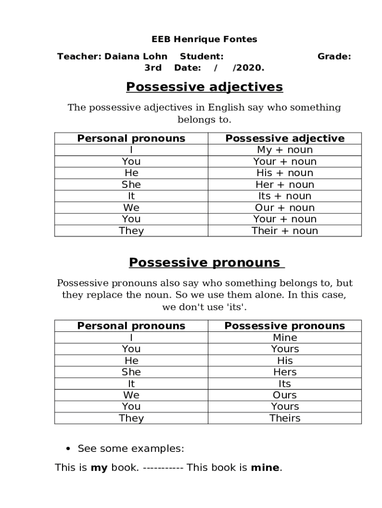 Possessive Adjectives in English - Grammar Lesson - YouTube Doc ...