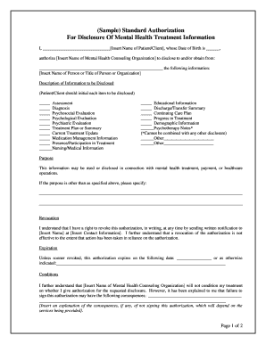 Fillable Online Sample Standard Authorization to Disclose Mental ...