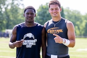 Beau Pribula and Anthony Ivey, future teammates at Penn State. The Manheim Central 7 on 7 competition was held at the High School Saturday, June 5, 2021. 
HARVEY LEVINE | SPECIAL TO  PENNLIVE